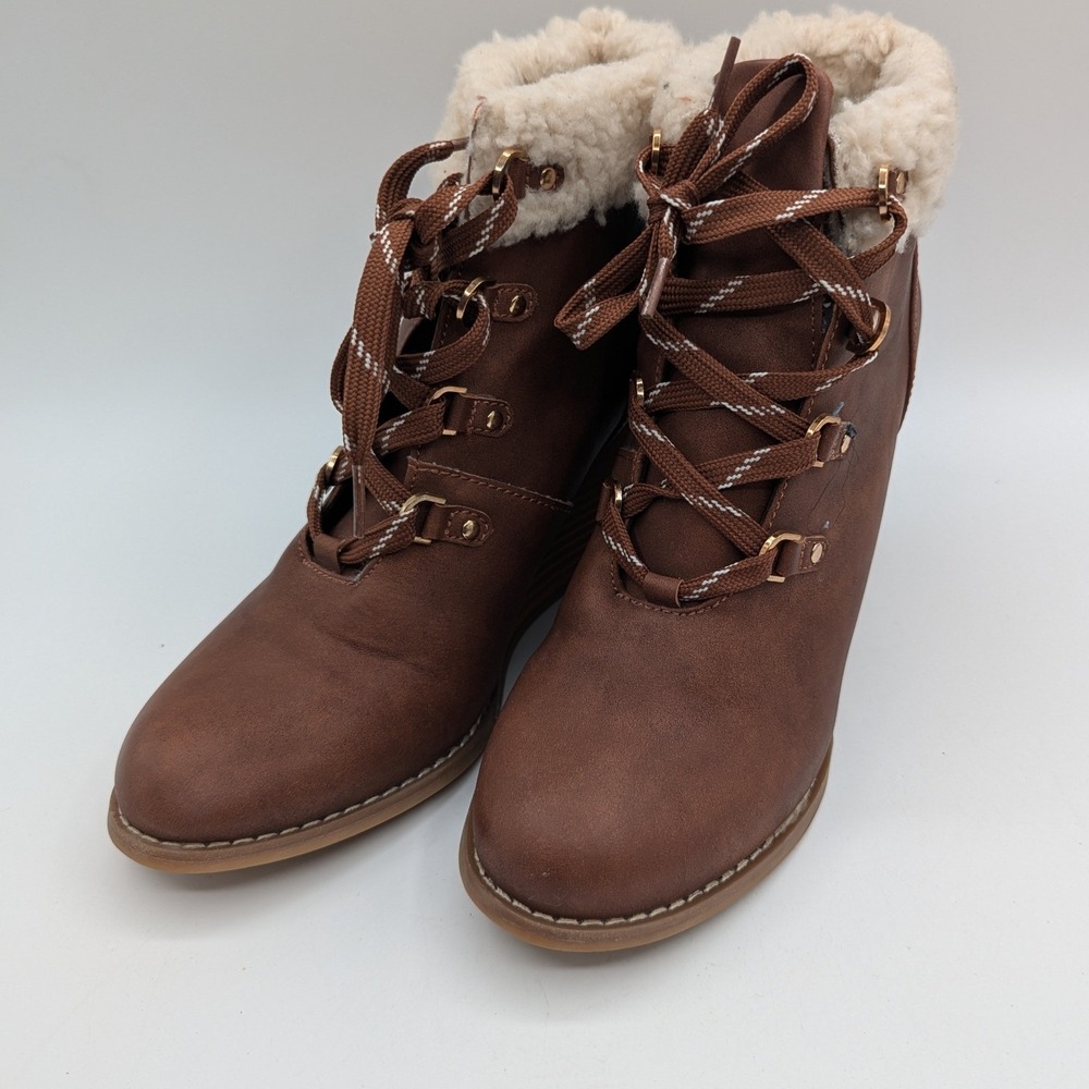 Nautica Galva Brown Wedge Booties Faux Shearling Lace Up Ankle Boots Womens 9